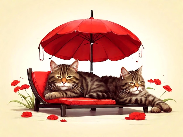 Vector o gato dormindo sob o guarda-chuva vermelho os gatos parecem felizes e relaxantes isolados