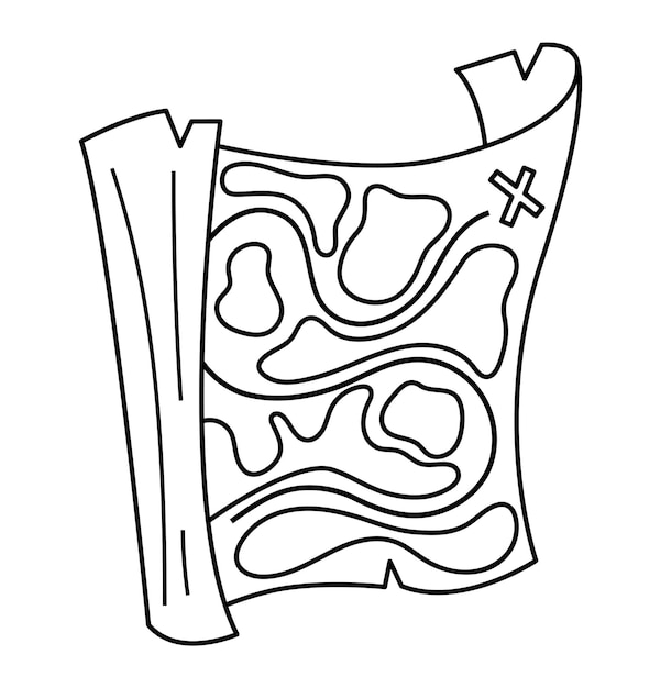 Vector o ícone preto e branco do mapa da ilha do tesouro delineie a ilustração do plano pirata linha guia de caça à joia ou página para colorir papel antigo da rota do mar isolado no fundo branco