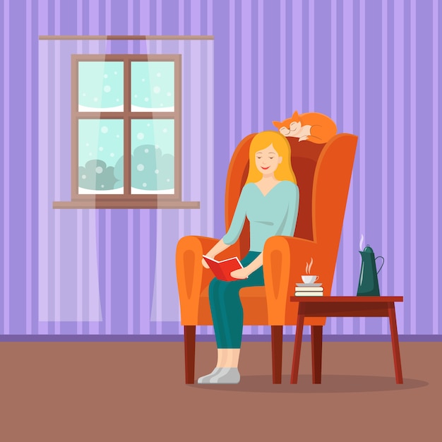 Vector o livro de leitura da menina dos desenhos animados na poltrona com paisagem vermelha do gato e do inverno na janela.