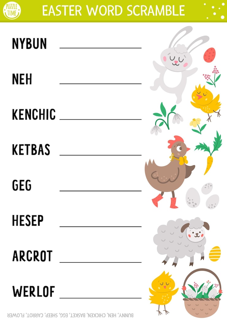 Vetor vector página de atividade de corrida de palavras de páscoa jogo de língua inglesa com coelho galinha galinha cesta de ovos de páscoa para crianças teste de família de férias de primavera folha de trabalho educacional imprimível simplesxa
