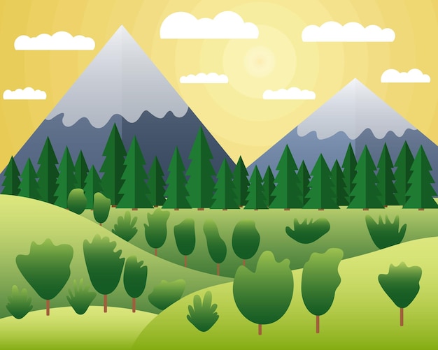 Vetor vector paisagem de montanhas de verão em estilo plano colinas planas e ilustração em vetor de floresta de montanha