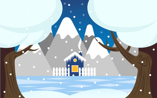 Vetor vector paisagem noite gelo inverno rio, montanhas, pequena casa com árvores de neve, estrelas em estilo simples