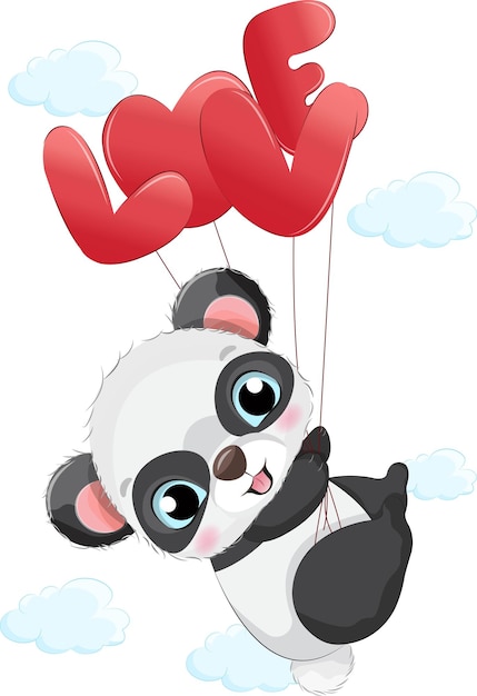 Vetor vector panda bonitinho voando com balão de amor