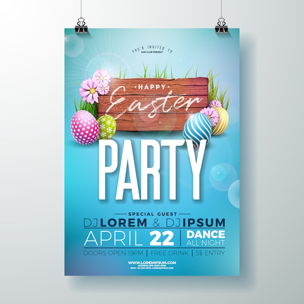 Vector páscoa party flyer design com ovos e flores