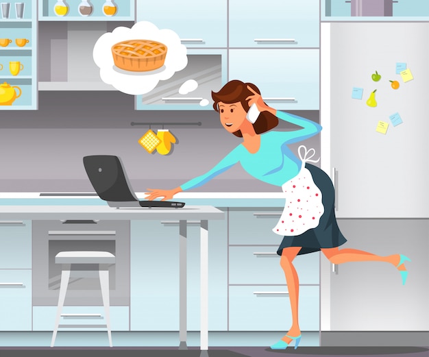 Vector plana mãe cozinha faz bolo lote coisas.