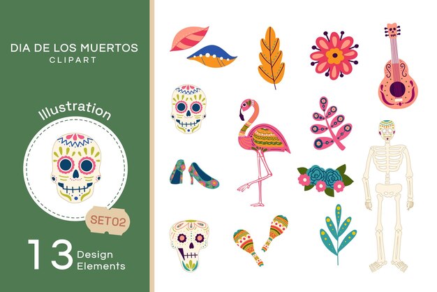 Vetor vector plano dia de los muertos clipart set2