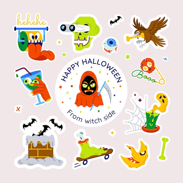 Vector plano feliz halloween com rostos assustadores e vários elementos tipográficos assustadores