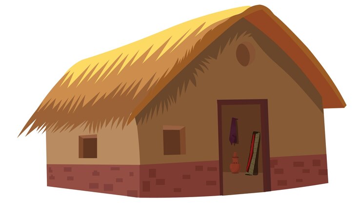 Vetor vector poor house com telhado de grama seca e janelas little house small house home hut