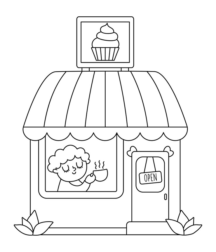 Vetor vector preto e branco café aconchegante com homem bebendo chá isolado em fundo branco pequena linha de café ilustração ou página de coloração quiosque bonito com doces e bolos
