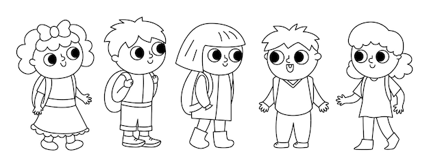 Vector preto e branco crianças de escola bonitas com mochilas De volta à escola ilustração de personagens ou página de coloração Meninos e meninas de diferentes nacionalidades Linha engraçada conversando crianças com mochila