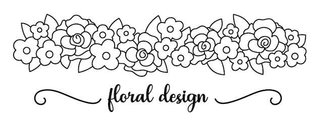 Vetor vector preto e branco floral horizontal elemento de linha decorativa ilustração plana com flores de rosas folhas galhosas primavera verão ou casamento buquê colorir pagexa