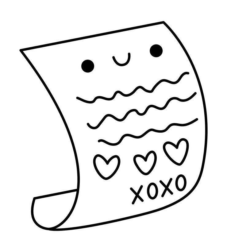 Vetor vector preto e branco kawaii ícone de carta de amor folha de papel de linha clipart isolado ilustração de contorno de mensagem bonita página de colorir dia de são valentim engraçado para crianças com amor