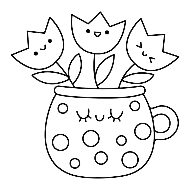 Vetor vector preto e branco kawaii pote com ícone de tulipas para crianças cute linha símbolo de páscoa ilustração ou página de coloração personagem de desenho animado engraçado adorável clipart de primavera com copo sorridente e florxa
