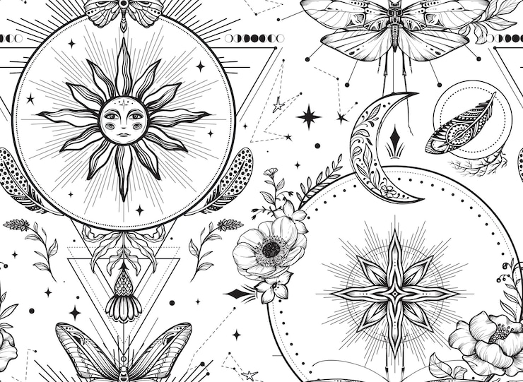 Vetor vector preto e branco padrão sem costura com objetos místicos borboletas plantas elementos de astrologia e geometria sagrada