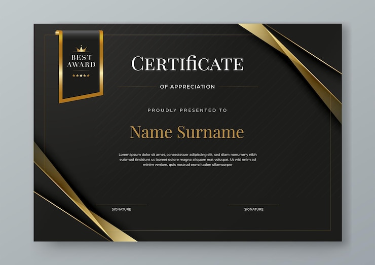 Vetor vector preto e dourado modelo de certificado moderno elegante e de luxo para empresas para o prêmio de oficina de diploma de negócios prêmio de conclusão de competição de graduação e educação