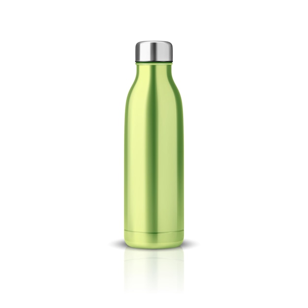 Vector realista 3d Green Blank Glossy Metal Reusable Water Bottle com Silver Bung Closeup Isolado em fundo branco Modelo de design de embalagem Mockup Front View