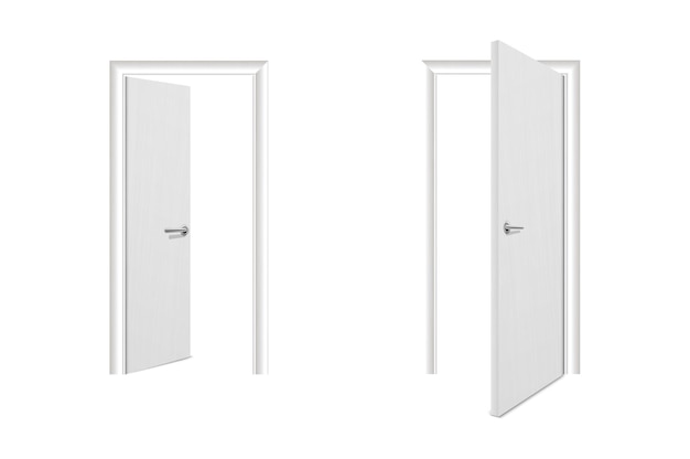 Vector realista diferente aberto e fechado branco porta de madeira ícone conjunto closeup isolado no fundo branco elementos do modelo de design de arquitetura da clássica porta de casa para gráficos vista frontal