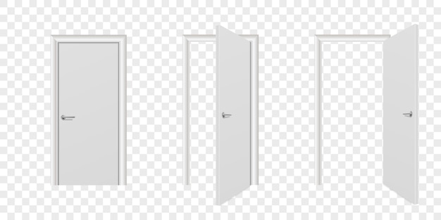 Vetor vector realista diferente aberto e fechado branco porta de madeira ícone conjunto closeup isolado no fundo transparente elementos do modelo de design de arquitetura de porta moderna para gráficos vista frontal