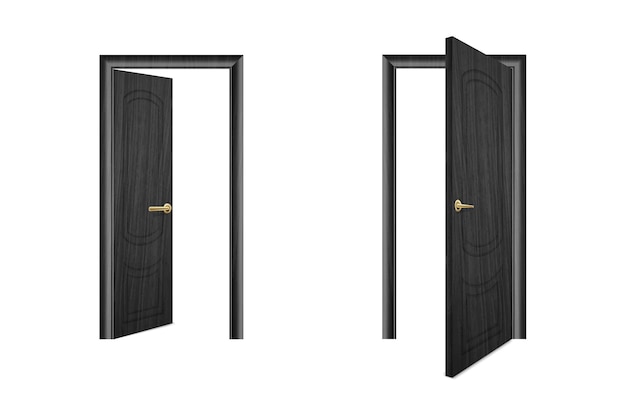Vector realista diferente aberto e fechado porta de madeira preta ícone conjunto closeup isolado no fundo marrom elementos do modelo de design de arquitetura da clássica porta de casa para gráficos vista frontal