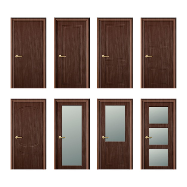 Vetor vector realista diferente conjunto de ícones de porta de madeira marrom fechada closeup isolado no fundo branco elementos de arquitetura modelo de design para gráficos vista frontal
