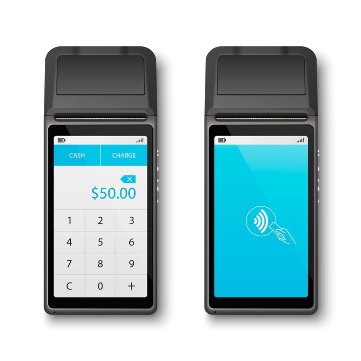 Vetor vector realista preto 3d pagamento máquina wifi terminal pos closeup isolado no fundo branco modelo de design de banco de pagamento terminal maquete dispositivo de pagamentos vista superior