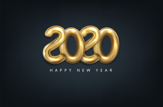 Vector realistas 2020 balões em estilo 3d na cor do ouro. Design de cartão