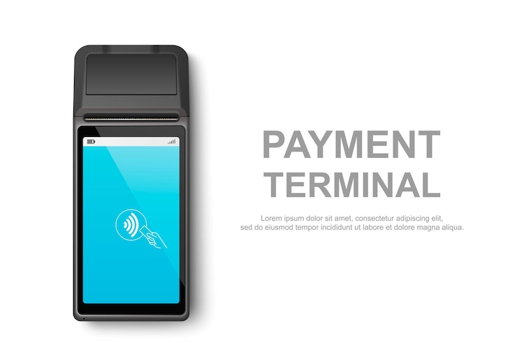 Vetor vector realistic 3d touch nfc mobile payment machine pos terminal closeup isolado em modelo de design branco de pagamento bancário maquete de terminal sem contato sem fio dispositivo de pagamentos vista superior