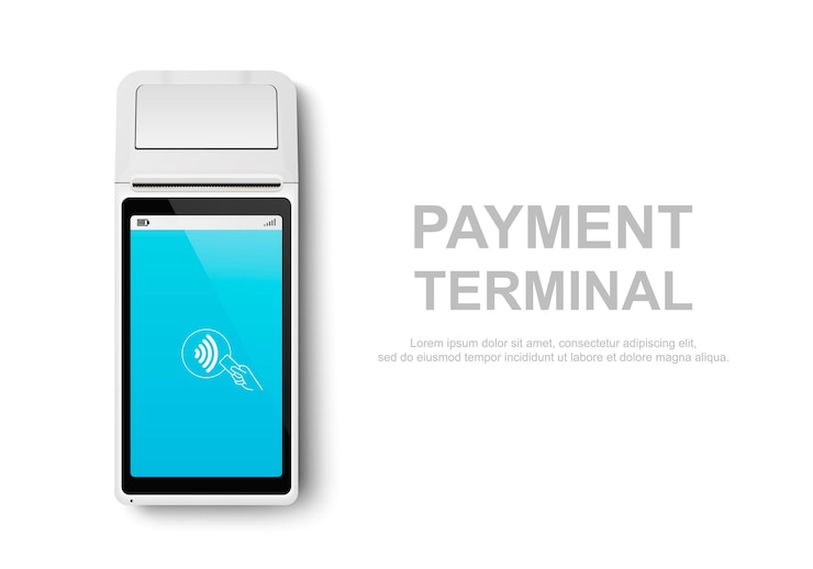 Vetor vector realistic 3d white touch nfc mobile payment machine pos terminal closeup isolado no modelo de design branco de pagamento bancário maquete de terminal sem contato sem fio dispositivo de pagamentos vista superior