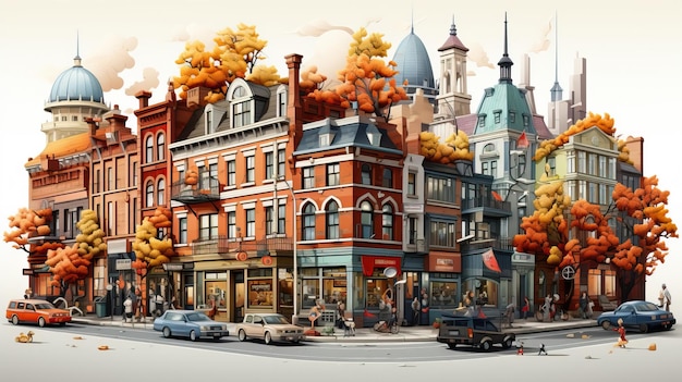 Vetor vector realistic cartoon city view pôr do sol histórico em fundo branco eps arte e loja vill