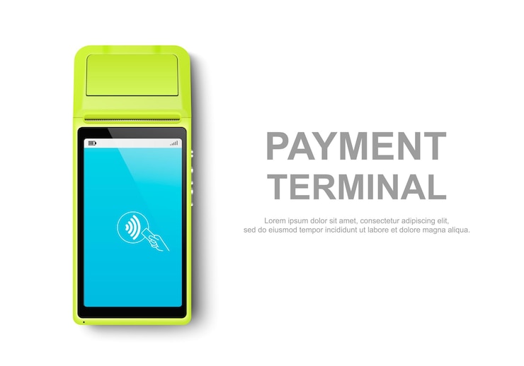 Vetor vector realistic green 3d touch nfc mobile payment machine pos terminal closeup isolado no modelo de design branco de pagamento bancário maquete de terminal sem contato sem fio dispositivo de pagamentos vista superior