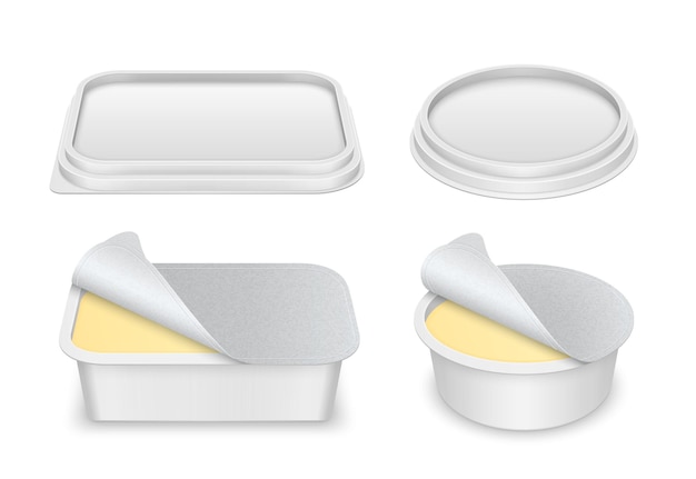 Vetor vector recipientes retangulares e redondos brancos para manteiga