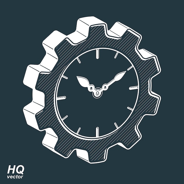 Vetor vector roda dentada retrô 3d e relógio com ponteiro de horas, símbolo de organizador de negócios. ícone conceitual de planejamento do processo de produção. elemento de design de indústria e engenharia – engrenagem.