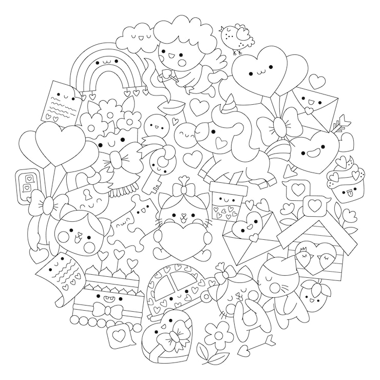 Vetor vector saint valentine página de coloração de linha redonda para crianças com caras personagens kawaii preto e branco ilustração de férias de amor com engraçado cupido unicórnio gatos corações flores emolduradas em circlexa