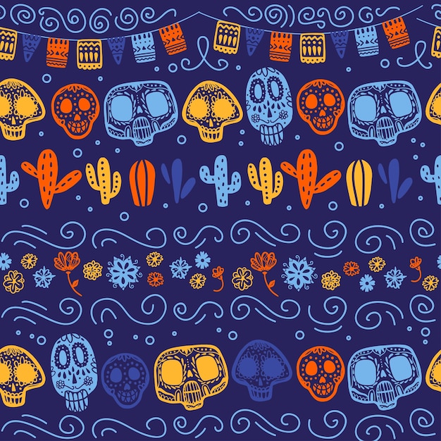 Vector seamless pattern elementos de decoração tradicional do méxico caveira cacto para cartão de embalagem