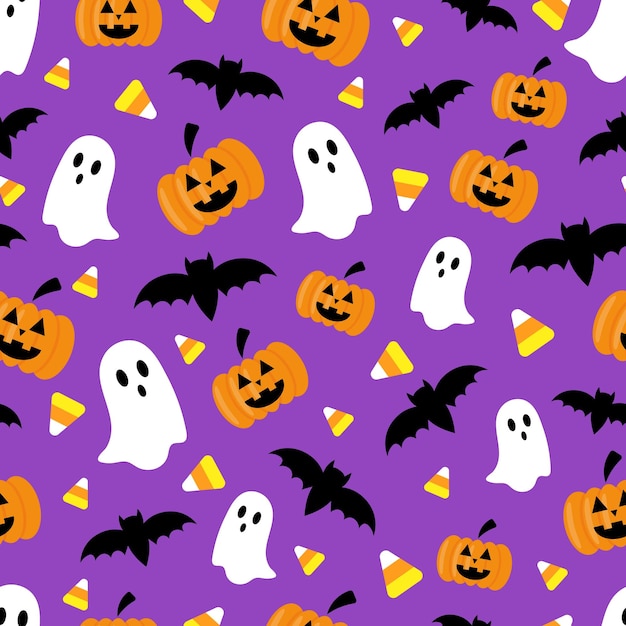 Vector sem costura padrão de Halloween com abóboras laranja morcegos fantasmas e doces