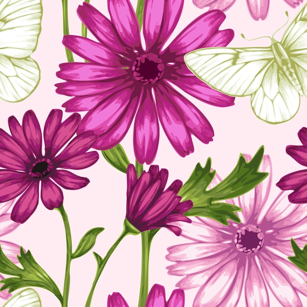 Vector sem costura padrão flores silvestres e fundo de borboletas para papel de parede de papel têxtil