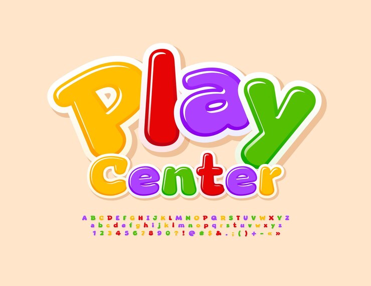 Vetor vector sinal feliz play center. fonte colorida engraçada. letras e números brilhantes do alfabeto