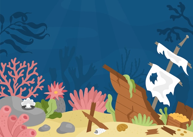 Vector sob a paisagem do mar ilustração com navio naufragado cena de vida do oceano com areia algas pedras recifes de corais fundo de natureza de água horizontal bonito imagem aquática para crianças xa