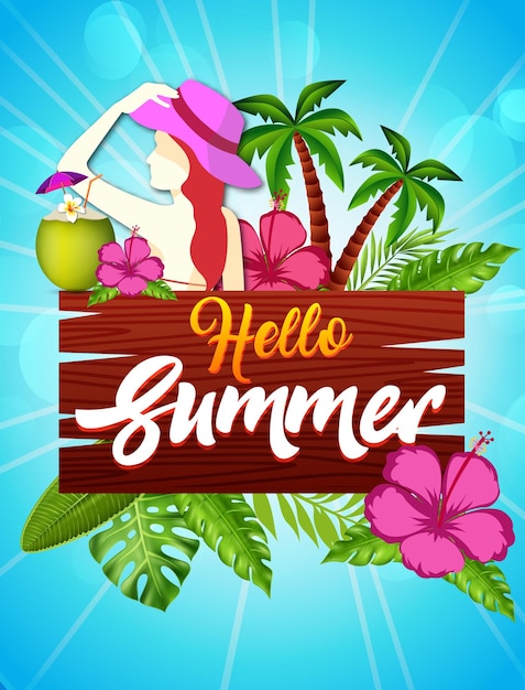 Vector Summer Beach Party Flyer Design com elementos tipográficos em fundo de textura de madeira Elementos florais de natureza de verão e óculos de sol