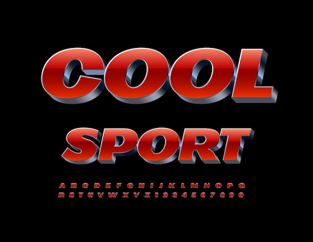 Vector trendy sign cool sport vermelho e metálico brilhante font artístico alfabeto letras e números