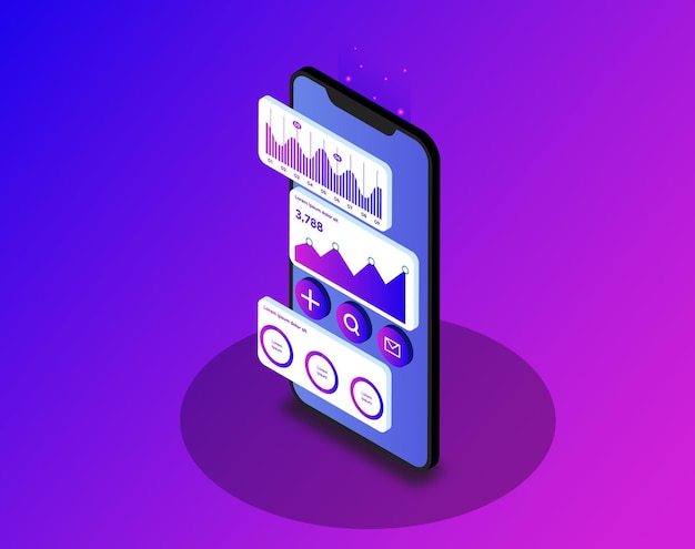 Vector uiux analytics dashboard isometric landing page em móvel