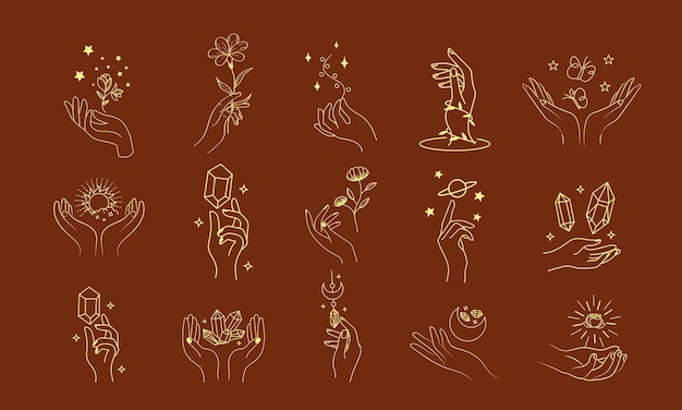 Vector um conjunto de coleções de ícones de mão de mulher em um estilo linear mínimo