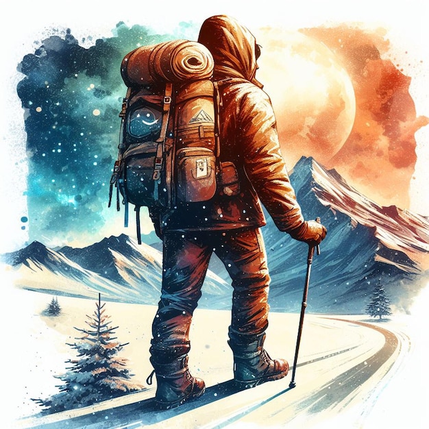 Vetor vector um homem com uma mochila e esquis caminhando na neve aquarela de fundo