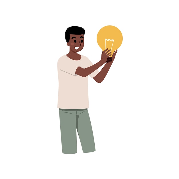 Vetor vector um homem segura uma lâmpada em sua mão ideia conceito brainstorming pensamento de negócios solução