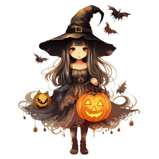 vector uma linda garota com abóbora garota legal com e abóboras garota de halloween com chapéu e ilustração vetorial de abóboras em fundo branco