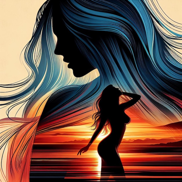 Vetor vector uma mulher com cabelos longos de pé na frente de um pôr-do-sol