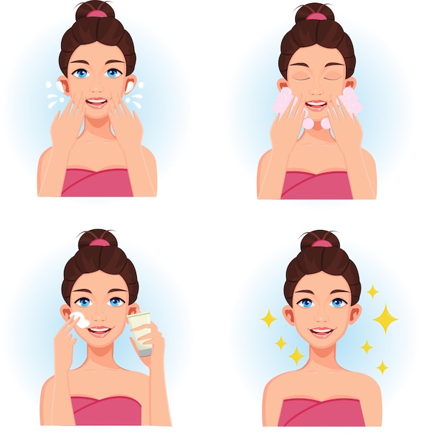 Vetor vector uma mulher limpando o rosto com espuma de limpeza