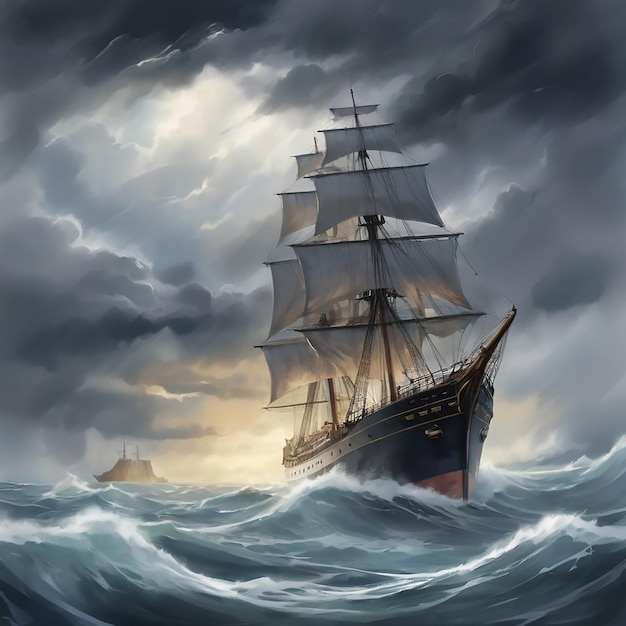 Vector uma pintura de um navio em um mar tempestuoso uma pintura matte detalhada