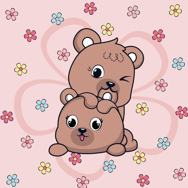 Vetor vector urso bonito com um belo fundo floral