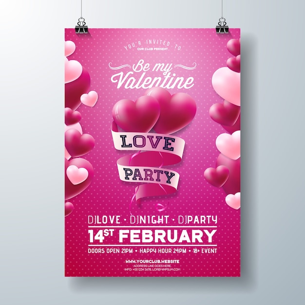 Vector valentine's day love party flyer design com tipografia em fita e coração